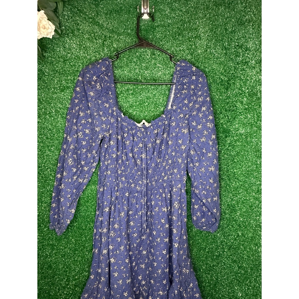 Celebrity Pink Blue Floral Smocked Puff Sleeve Cottagecore Dress Large
